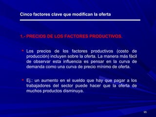 9595
Cinco factores clave que modifican la oferta:
1.- PRECIOS DE LOS FACTORES PRODUCTIVOS.
 Los precios de los factores productivos (costo de
producción) incluyen sobre la oferta. La manera más fácil
de observar esta influencia es pensar en la curva de
demanda como una curva de precio mínimo de oferta.
 Ej.: un aumento en el sueldo que hay que pagar a los
trabajadores del sector puede hacer que la oferta de
muchos productos disminuya.
 