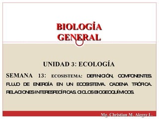 BIOLOGÍA GENERAL UNIDAD 3: ECOLOGÍA SEMANA 13:  ECOSISTEMA : DEFINICIÓN, COMPONENTES. FLUJO DE ENERGÍA EN UN ECOSISTEMA. CADENA TRÓFICA. RELACIONES INTERESPECÍFICAS. CICLOS BIOGEOQUÍMICOS. Mg. Christian M. Alegre L. 