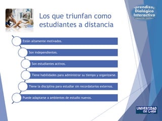 Los que triunfan como
estudiantes a distancia
Están altamente motivados.
Son independientes.
Son estudiantes activos.
Tiene habilidades para administrar su tiempo y organizarse.
Tiene la disciplina para estudiar sin recordatorios externos.
Puede adaptarse a ambientes de estudio nuevos.
 