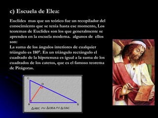 c) Escuela de Elea:  Euclídes   mas que un teórico fue un recopilador del conocimiento que se tenia hasta ese momento, Los teoremas de Euclides son los que generalmente se aprenden en la escuela moderna.  algunos de  ellos son: La suma de los ángulos interiores de cualquier triángulo es 180°. En un triángulo rectángulo el cuadrado de la hipotenusa es igual a la suma de los cuadrados de los catetos, que es el famoso teorema de Pitágoras.  