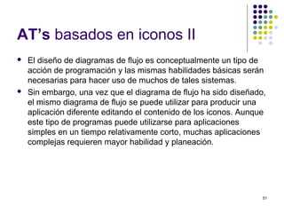 51
AT’s basados en iconos II
 El diseño de diagramas de flujo es conceptualmente un tipo de
acción de programación y las mismas habilidades básicas serán
necesarias para hacer uso de muchos de tales sistemas.
 Sin embargo, una vez que el diagrama de flujo ha sido diseñado,
el mismo diagrama de flujo se puede utilizar para producir una
aplicación diferente editando el contenido de los iconos. Aunque
este tipo de programas puede utilizarse para aplicaciones
simples en un tiempo relativamente corto, muchas aplicaciones
complejas requieren mayor habilidad y planeación.
 