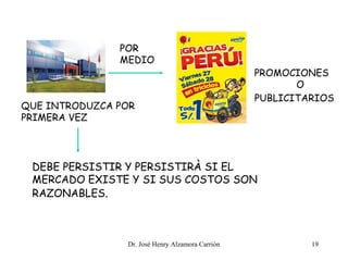 PROMOCIONES
O
PUBLICITARIOS
DEBE PERSISTIR Y PERSISTIRÀ SI EL
MERCADO EXISTE Y SI SUS COSTOS SON
RAZONABLES.
POR
MEDIO
QUE INTRODUZCA POR
PRIMERA VEZ
19Dr. José Henry Alzamora Carrión
 