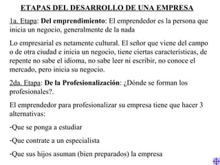 ETAPAS DEL DESARROLLO DE UNA EMPRESA
1a. Etapa: Del emprendimiento: El emprendedor es la persona que
inicia un negocio, generalmente de la nada
Lo empresarial es netamente cultural. El señor que viene del campo
o de otra ciudad e inicia un negocio, tiene ciertas características, de
repente no sabe el idioma, no sabe leer ni escribir, no conoce el
mercado, pero inicia su negocio.
2da. Etapa: De la Profesionalización: ¿Dónde se forman los
profesionales?.
El emprendedor para profesionalizar su empresa tiene que hacer 3
alternativas:
-Que se ponga a estudiar
-Que contrate a un especialista
-Que sus hijos asuman (bien preparados) la empresa
 