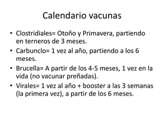 Calendario vacunasClostridiales= Otoño y Primavera, partiendo en terneros de 3 meses.Carbunclo= 1 vez al año, partiendo a los 6 meses.Brucella= A partir de los 4-5 meses, 1 vez en la vida (no vacunar preñadas).Virales= 1 vez al año + booster a las 3 semanas (la primera vez), a partir de los 6 meses. 