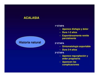 ACALASIA
1º ETAPA
– Aparece disfagia y dolor
– Dura 1-2 años
– Espontáneamente remite
parcialmente
Historia natural 2º ETAPA
– Sintomatología soportable
– Dura 3-4 años
3º ETAPA
– Aparece regurgitación y
ardor progresivo
– Aparecen las
complicaciones
 