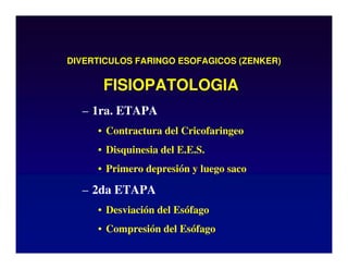 DIVERTICULOS FARINGO ESOFAGICOS (ZENKER)
– 1ra. ETAPA
• Contractura del Cricofaringeo
• Disquinesia del E.E.S.
• Primero depresión y luego saco
– 2da ETAPA
• Desviación del Esófago
• Compresión del Esófago
FISIOPATOLOGIA
 