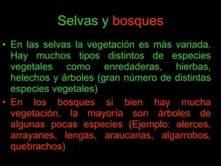 Selvas y  bosques En las selvas la vegetación es más variada. Hay muchos tipos distintos de especies vegetales como enredaderas, hierbas, helechos y árboles (gran número de distintas especies vegetales)  En los bosques si bien hay mucha vegetación, la mayoría son árboles de algunas pocas especies (Ejemplo: alerces, arrayanes, lengas, araucarias, algarrobos, quebrachos)  