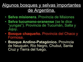 Algunos bosques y selvas importantes de Argentina. Selva misionera . Provincia de Misiones Selva tucumano-oranense  (se le dice “yungas”). Provincia de Tucumán, Salta y Jujuy.  Bosque chaqueño.  Provincia del Chaco y Formosa.  Bosque Andino-Patagónico.  Provincia de Neuquén, Río Negro, Chubut, Santa Cruz y Tierra del fuego.  