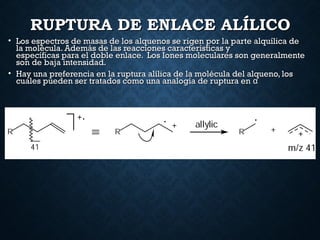 RUPTURA DE ENLACE ALÍLICORUPTURA DE ENLACE ALÍLICO
• Los espectros de masas de los alquenos se rigen por la parte alquílica deLos espectros de masas de los alquenos se rigen por la parte alquílica de
la molécula. Además de las reacciones características yla molécula. Además de las reacciones características y
específicas para el doble enlace. Los Iones moleculares son generalmenteespecíficas para el doble enlace. Los Iones moleculares son generalmente
son de baja intensidad.son de baja intensidad.
• Hay una preferencia en la ruptura alílica de la molécula del alqueno, losHay una preferencia en la ruptura alílica de la molécula del alqueno, los
cuales pueden ser tratados como una analogía de ruptura en αcuales pueden ser tratados como una analogía de ruptura en α
 