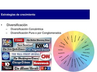 Estrategias de crecimiento
• Diversificación
– Diversificación Concéntrica
– Diversificación Pura o por Conglomerados
 