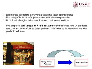 • La empresa controlará la mayoría o todas las fases operacionales
• Una compañía de tamaño grande será más eficiente y creativa
• Combinará sinergias entre sus diversas divisiones operativas
Una empresa está integrada hacia adelante (distribuidores) para un producto
dado, si es autosuficiente para proveer internamente la demanda de ese
producto o fuente
Competidores
Actuales
Distribuidores
 