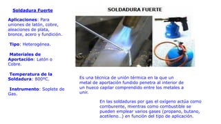 Soldadura Fuerte
Aplicaciones: Para
uniones de latón, cobre,
aleaciones de plata,
bronce, acero y fundición.
Tipo: Heterogénea.
Materiales de
Aportación: Latón o
Cobre.
Temperatura de la
Soldadura: 800ºC.
Instrumento: Soplete de
Gas.
Es una técnica de unión térmica en la que un
metal de aportación fundido penetra al interior de
un hueco capilar comprendido entre los metales a
unir.
En las soldaduras por gas el oxígeno actúa como
comburente, mientras como combustible se
pueden emplear varios gases (propano, butano,
acetileno…) en función del tipo de aplicación.
 