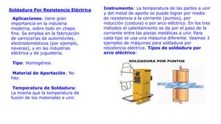 Soldadura Por Resistencia Eléctrica
Aplicaciones: tiene gran
importancia en la industria
moderna, sobre todo en chapa
fina. Se emplea en la fabricación
de carrocerías de automóviles,
electrodomésticos (por ejemplo,
neveras), y en las industrias
eléctrica y de juguetería.
Tipo: Homogénea.
Material de Aportación: No
hay.
Temperatura de Soldadura:
La misma que la temperatura de
fusión de los materiales a unir.
Instrumento: La temperatura de las partes a unir
y del metal de aporte se puede lograr por medio
de resistencia a la corriente (puntos), por
inducción (costura) o por arco eléctrico. En los tres
métodos el calentamiento se da por el paso de la
corriente entre las piezas metálicas a unir. Para
cada tipo se usa una máquina diferente. Veamos 3
ejemplos de máquinas para soldadura por
resistencia eléctrica. Tipos de soldadura por
arco eléctrico:
 
