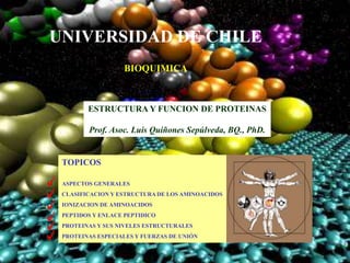 UNIVERSIDAD DE CHILE
BIOQUIMICA
ESTRUCTURA Y FUNCION DE PROTEINAS
Prof. Asoc. Luis Quiñones Sepúlveda, BQ., PhD.
TOPICOS
ASPECTOS GENERALES
CLASIFICACION Y ESTRUCTURA DE LOS AMINOACIDOS
IONIZACION DE AMINOACIDOS
PEPTIDOS Y ENLACE PEPTIDICO
PROTEINAS Y SUS NIVELES ESTRUCTURALES
PROTEINAS ESPECIALES Y FUERZAS DE UNIÓN
 