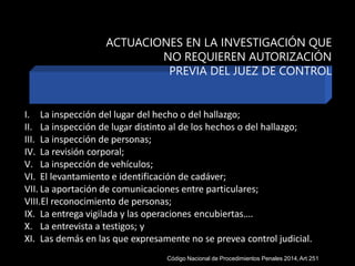 I. La inspección del lugar del hecho o del hallazgo;
II. La inspección de lugar distinto al de los hechos o del hallazgo;
III. La inspección de personas;
IV. La revisión corporal;
V. La inspección de vehículos;
VI. El levantamiento e identificación de cadáver;
VII. La aportación de comunicaciones entre particulares;
VIII.El reconocimiento de personas;
IX. La entrega vigilada y las operaciones encubiertas….
X. La entrevista a testigos; y
XI. Las demás en las que expresamente no se prevea control judicial.
ACTUACIONES EN LA INVESTIGACIÓN QUE
NO REQUIEREN AUTORIZACIÓN
PREVIA DEL JUEZ DE CONTROL
Código Nacional de Procedimientos Penales 2014,Art 251
 