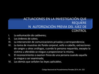 I. La exhumación de cadáveres;
II. Las órdenes de cateo;
III. La intervención de comunicaciones privadas y correspondencia;
IV. La toma de muestras de fluido corporal, vello o cabello, extracciones
de sangre u otros análogos, cuando la persona requerida, excepto la
victima u ofendido se niegue a proporcionar la misma.
V. El reconocimiento o examen físico de una persona cuando aquella
se niegue a ser examinada;
VI. Las demás que señalen las leyes aplicables.
ACTUACIONES EN LA INVESTIGACIÓN QUE
REQUIERE
N AUTORIZACIÓN PREVIA DEL JUEZ DE
CONTROL
Código Nacional de Procedimientos Penales 2014,Art. 252
 