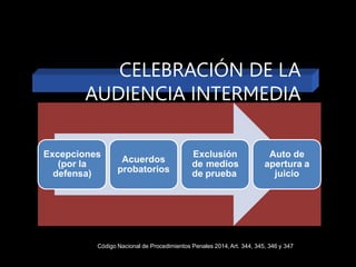 Excepciones
(por la
defensa)
Acuerdos
probatorios
Exclusión
de medios
de prueba
Auto de
apertura a
juicio
CELEBRACIÓN DE LA
AUDIENCIA INTERMEDIA
Código Nacional de Procedimientos Penales 2014,Art. 344, 345, 346 y 347
 