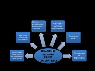 Que no sean
utiles para el
esclarecimiento
de los hechos
Que no se
refieran a la
investigación
Dilatorios
• Sobreabundante
• Impertinentes
• Innecesaria
Violación a
derechos
fundamentales
Declaradas
nulas
Contravengan
las
disposiciones
 