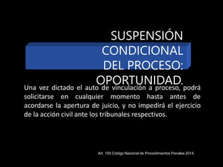 Una vez dictado el auto de vinculación a proceso, podrá
solicitarse en cualquier momento hasta antes de
acordarse la apertura de juicio, y no impedirá el ejercicio
de la acción civil ante los tribunales respectivos.
Art. 193 Código Nacional de Procedimientos Penales 2014,
SUSPENSIÓN
CONDICIONAL
DEL PROCESO:
OPORTUNIDAD.
 