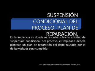 En la audiencia en donde se resuelva sobre la solicitud de
suspensión condicional del proceso, el imputado deberá
plantear, un plan de reparación del daño causado por el
delito y plazos para cumplirlo.
Art. 194 Código Nacional de Procedimientos Penales 2014,
SUSPENSIÓN
CONDICIONAL DEL
PROCESO: PLAN DE
REPARACIÓN.
 
