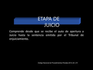 ETAPA DE
JUICIO
Comprende desde que se recibe el auto de apertura a
Juicio hasta la sentencia emitida por el Tribunal de
enjuiciamiento.
Código Nacional de Procedimientos Penales 2014,Art. 211
 