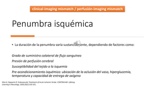 Penumbra isquémica
• La duración de la penumbra varía sustancialmente, dependiendo de factores como:
Grado de suministro colateral de flujo sanguíneo
Presión de perfusión cerebral
Susceptibilidad del tejido a la isquemia
Pre-acondicionamiento isquémico: ubicación de la oclusión del vaso, hiperglucemia,
temperatura y capacidad de entrega de oxígeno
clinical-imaging mismatch / perfusión-imaging mismatch
Silva G, Nogueira R. Endovascular Treatment of Acute Ischemic Stroke. CONTINUUM: Lifelong
Learning in Neurology. 2020;26(2):310-331.
 