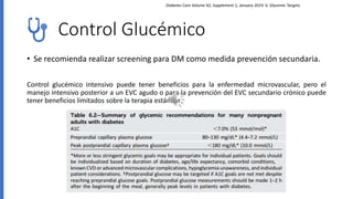 Control Glucémico
• Se recomienda realizar screening para DM como medida prevención secundaria.
Control glucémico intensivo puede tener beneficios para la enfermedad microvascular, pero el
manejo intensivo posterior a un EVC agudo o para la prevención del EVC secundario crónico puede
tener beneficios limitados sobre la terapia estándar.
Diabetes Care Volume 42, Supplement 1, January 2019. 6. Glycemic Targets.
 