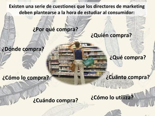 Existen una serie de cuestiones que los directores de marketing
deben plantearse a la hora de estudiar al consumidor:
¿Qué compra?
¿Quién compra?
¿Por qué compra?
¿Cómo lo compra?
¿Cuándo compra?
¿Dónde compra?
¿Cuánto compra?
¿Cómo lo utiliza?
 