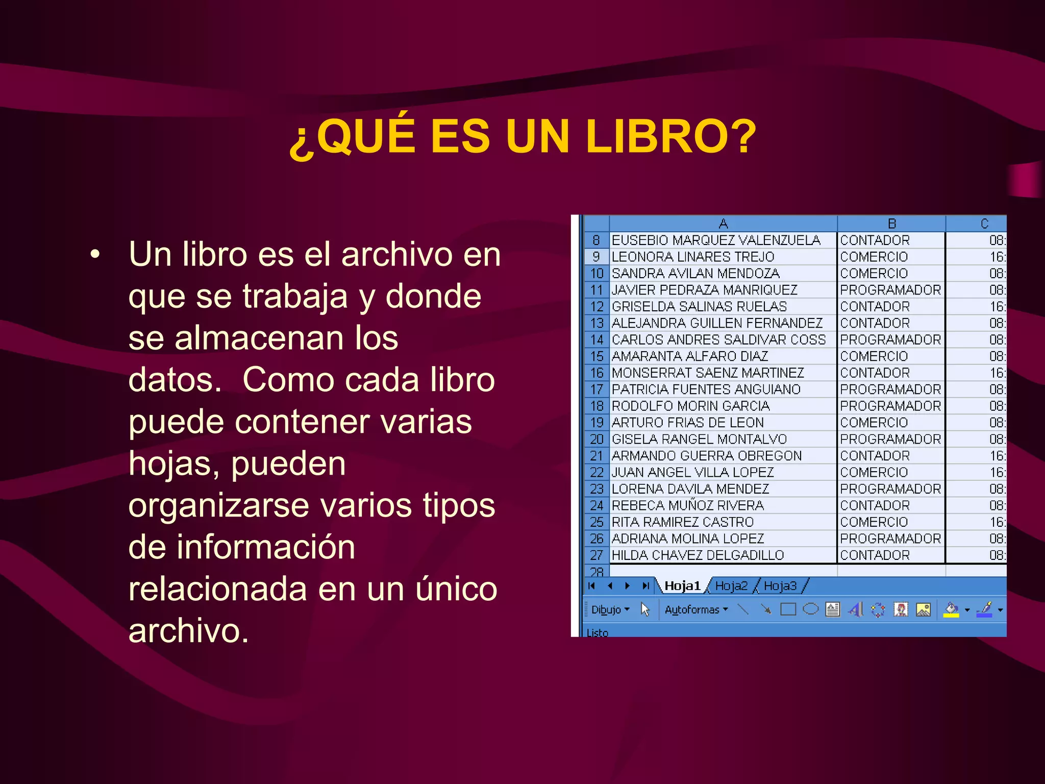 ¿QUÉ ES UN LIBRO?

• Un libro es el archivo en
  que se trabaja y donde
  se almacenan los
  datos. Como cada libro
  puede contener varias
  hojas, pueden
  organizarse varios tipos
  de información
  relacionada en un único
  archivo.
 