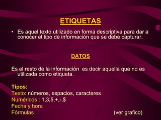 ETIQUETAS
• Es aquel texto utilizado en forma descriptiva para dar a
  conocer el tipo de información que se debe capturar.


                         DATOS

Es el resto de la información es decir aquella que no es
  utilizada como etiqueta.

Tipos:
Texto: números, espacios, caracteres
Numéricos : 1,3,5,+,-,$
Fecha y hora
Fórmulas                                   (ver grafico)
 