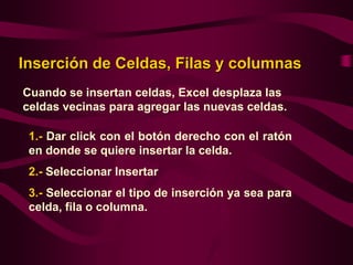 Inserción de Celdas, Filas y columnas
Cuando se insertan celdas, Excel desplaza las
celdas vecinas para agregar las nuevas celdas.

 1.- Dar click con el botón derecho con el ratón
 en donde se quiere insertar la celda.
 2.- Seleccionar Insertar
 3.- Seleccionar el tipo de inserción ya sea para
 celda, fila o columna.
 