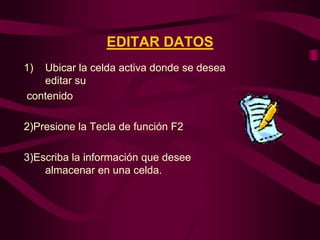 EDITAR DATOS
1) Ubicar la celda activa donde se desea
   editar su
contenido

2)Presione la Tecla de función F2

3)Escriba la información que desee
    almacenar en una celda.
 