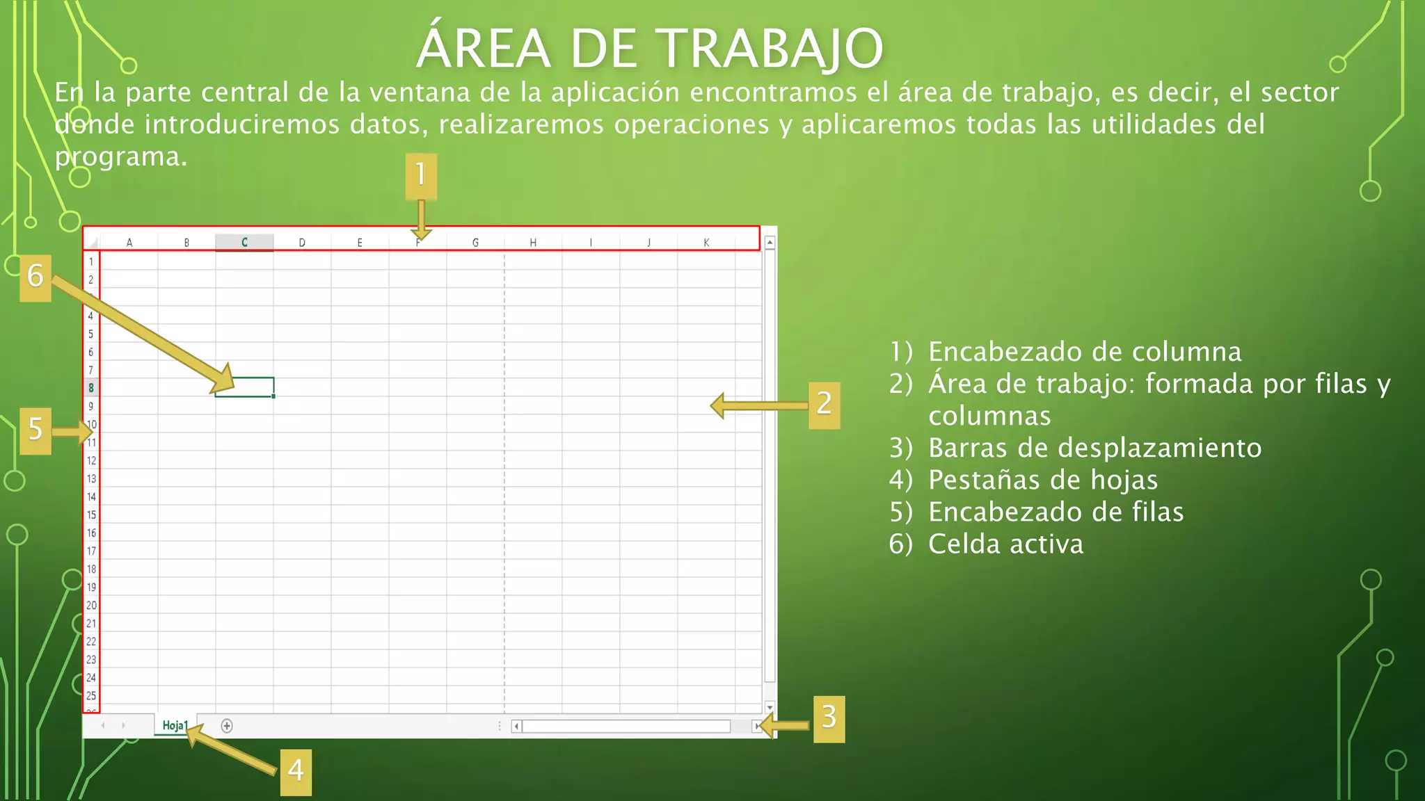 ÁREA DE TRABAJO
En la parte central de la ventana de la aplicación encontramos el área de trabajo, es decir, el sector
donde introduciremos datos, realizaremos operaciones y aplicaremos todas las utilidades del
programa.
1
2
3
4
5
6
1) Encabezado de columna
2) Área de trabajo: formada por filas y
columnas
3) Barras de desplazamiento
4) Pestañas de hojas
5) Encabezado de filas
6) Celda activa
 
