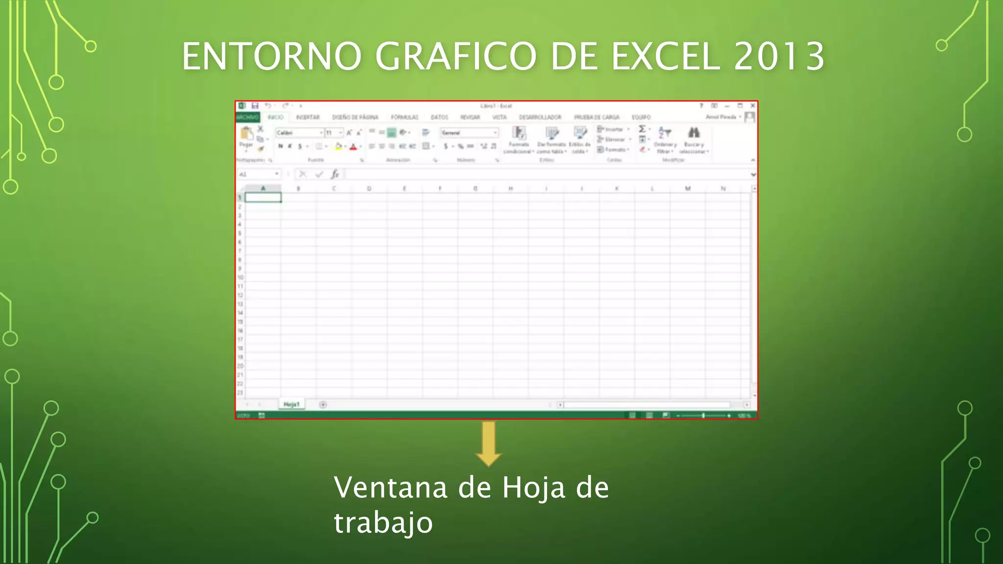 ENTORNO GRAFICO DE EXCEL 2013
Ventana de Hoja de
trabajo
 