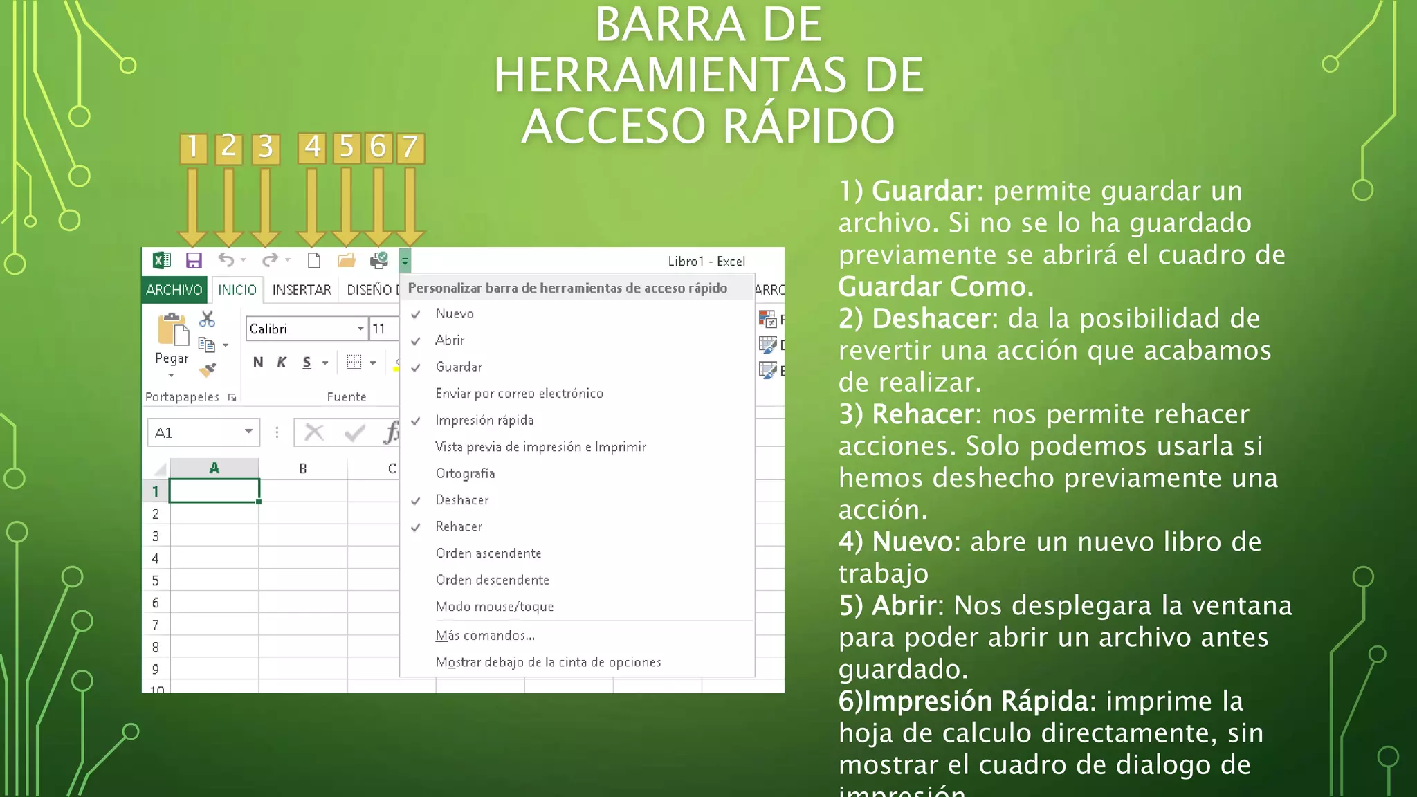 BARRA DE
HERRAMIENTAS DE
ACCESO RÁPIDO1 2 3 4 5 6 7
1) Guardar: permite guardar un
archivo. Si no se lo ha guardado
previamente se abrirá el cuadro de
Guardar Como.
2) Deshacer: da la posibilidad de
revertir una acción que acabamos
de realizar.
3) Rehacer: nos permite rehacer
acciones. Solo podemos usarla si
hemos deshecho previamente una
acción.
4) Nuevo: abre un nuevo libro de
trabajo
5) Abrir: Nos desplegara la ventana
para poder abrir un archivo antes
guardado.
6)Impresión Rápida: imprime la
hoja de calculo directamente, sin
mostrar el cuadro de dialogo de
 