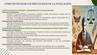 CÓMO SINTETIZAR LOS RESULTADOS DE LA EVALUACIÓN
•IDENTIFICACIÓN DE PATRONES Y DISCREPANCIAS EN LA EVALUACIÓN:
•Patrones consistentes:
•Analizar comportamientos, respuestas verbales y datos del examen mental que se
repiten en diferentes momentos de la evaluación.
•Ejemplo: Preocupaciones persistentes sobre el desempeño laboral observadas en la
entrevista y rumiaciones detectadas en el examen mental.
•Discrepancias significativas:
•Identificar áreas donde la información verbal no coincide con las conductas observadas.
•Ejemplo: El paciente afirma estar tranquilo, pero presenta microexpresiones de tensión y
posturas defensivas.
•ESTRATEGIAS PARA ELABORAR HIPÓTESIS DIAGNÓSTICAS BASADAS EN DATOS OBJETIVOS:
•Integración de hallazgos:
•Combinar información de la entrevista, el examen mental y la observación conductual
para obtener una visión completa del caso.
•Ejemplo: Conectar la falta de contacto visual con temas de ansiedad social y evitación.
•Jerarquización de la información:
•Priorizar los datos más relevantes y significativos para el motivo de consulta.
•Ejemplo: Centrarse en síntomas de ansiedad generalizada si son los principales
causantes de malestar.
•Formulación de hipótesis diagnósticas:
•Basarse en los criterios observados para generar una hipótesis clara y respaldada.
•Ejemplo: La presencia de preocupación excesiva y síntomas físicos persistentes apuntan a
un diagnóstico de trastorno de ansiedad generalizada.
 