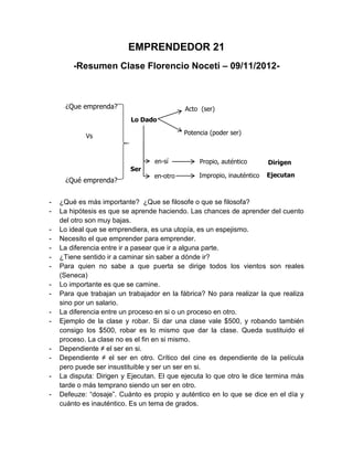 EMPRENDEDOR 21
        -Resumen Clase Florencio Noceti – 09/11/2012-



     ¿Que emprenda?                         Acto (ser)
                          Lo Dado

                                            Potencia (poder ser)
            Vs


                                  en-sí          Propio, auténtico       Dirigen
                          Ser
                                  en-otro        Impropio, inauténtico   Ejecutan
     ¿Qué emprenda?


-   ¿Qué es más importante? ¿Que se filosofe o que se filosofa?
-   La hipótesis es que se aprende haciendo. Las chances de aprender del cuento
    del otro son muy bajas.
-   Lo ideal que se emprendiera, es una utopía, es un espejismo.
-   Necesito el que emprender para emprender.
-   La diferencia entre ir a pasear que ir a alguna parte.
-   ¿Tiene sentido ir a caminar sin saber a dónde ir?
-   Para quien no sabe a que puerta se dirige todos los vientos son reales
    (Seneca)
-   Lo importante es que se camine.
-   Para que trabajan un trabajador en la fábrica? No para realizar la que realiza
    sino por un salario.
-   La diferencia entre un proceso en si o un proceso en otro.
-   Ejemplo de la clase y robar. Si dar una clase vale $500, y robando también
    consigo los $500, robar es lo mismo que dar la clase. Queda sustituido el
    proceso. La clase no es el fin en si mismo.
-   Dependiente ≠ el ser en si.
-   Dependiente ≠ el ser en otro. Crítico del cine es dependiente de la película
    pero puede ser insustituible y ser un ser en si.
-   La disputa: Dirigen y Ejecutan. El que ejecuta lo que otro le dice termina más
    tarde o más temprano siendo un ser en otro.
-   Defeuze: “dosaje”. Cuánto es propio y auténtico en lo que se dice en el día y
    cuánto es inauténtico. Es un tema de grados.
 