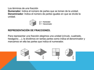 Los términos de una fracción
Numerador: Indica el número de partes que se toman de la unidad.
Denominador: Indica el número de partes iguales en que se divide la
unidad.
REPRESENTACIÓN DE FRACCIONES.
Para representar una fracción elegimos una unidad (círculo, cuadrado,
hexágono….), la dividimos en tantas partes como indica el denominador y
marcamos en ella las partes que indica el numerador.
 