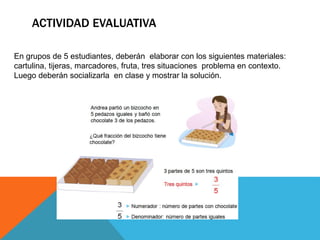 ACTIVIDAD EVALUATIVA
En grupos de 5 estudiantes, deberán elaborar con los siguientes materiales:
cartulina, tijeras, marcadores, fruta, tres situaciones problema en contexto.
Luego deberán socializarla en clase y mostrar la solución.
 