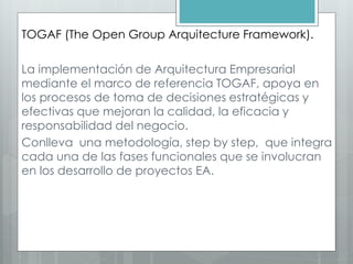 TOGAF (The Open Group Arquitecture Framework).
La implementación de Arquitectura Empresarial
mediante el marco de referencia TOGAF, apoya en
los procesos de toma de decisiones estratégicas y
efectivas que mejoran la calidad, la eficacia y
responsabilidad del negocio.
Conlleva una metodología, step by step, que integra
cada una de las fases funcionales que se involucran
en los desarrollo de proyectos EA.
 