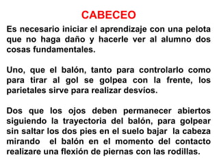 CABECEO
Es necesario iniciar el aprendizaje con una pelota
que no haga daño y hacerle ver al alumno dos
cosas fundamentales.
Uno, que el balón, tanto para controlarlo como
para tirar al gol se golpea con la frente, los
parietales sirve para realizar desvíos.
Dos que los ojos deben permanecer abiertos
siguiendo la trayectoria del balón, para golpear
sin saltar los dos pies en el suelo bajar la cabeza
mirando el balón en el momento del contacto
realizare una flexión de piernas con las rodillas.
 