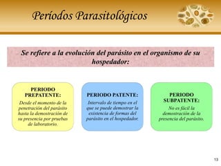 Períodos Parasitológicos
Se refiere a la evolución del parásito en el organismo de su
hospedador:
PERIODO
PREPATENTE:
Desde el momento de la
penetración del parásito
hasta la demostración de
su presencia por pruebas
de laboratorio.
PERIODO PATENTE:
Intervalo de tiempo en el
que se puede demostrar la
existencia de formas del
parásito en el hospedador.
PERIODO
SUBPATENTE:
No es fácil la
demostración de la
presencia del parásito.
13
 