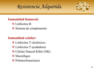 Resistencia Adquirida
Inmunidad humoral:
❖ Linfocitos B
❖ Sistema de complemento
Inmunidad celular:
❖ Linfocitos T citotóxicos
❖ Linfocitos T ayudadores
❖ Células Natural Killer (NK)
❖ Macrófagos
❖ Polimorfonucleares
27
 