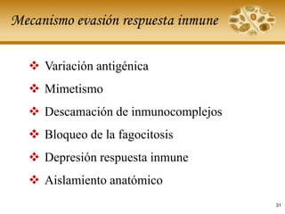 Mecanismo evasión respuesta inmune
❖ Variación antigénica
❖ Mimetismo
❖ Descamación de inmunocomplejos
❖ Bloqueo de la fagocitosis
❖ Depresión respuesta inmune
❖ Aislamiento anatómico
31
 