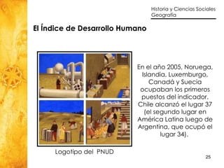 En el año 2005, Noruega, Islandia, Luxemburgo, Canadá y Suecia ocupaban los primeros puestos del indicador. Chile alcanzó el lugar 37 (el segundo lugar en América Latina luego de Argentina, que ocupó el lugar 34).  El Índice de Desarrollo Humano Logotipo del  PNUD 