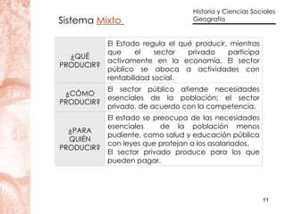 Sistema  Mixto   ¿QUÉ PRODUCIR? El Estado regula el qué producir, mientras que el sector privado participa activamente en la economía. El sector público se aboca a actividades con rentabilidad social. ¿CÓMO PRODUCIR? El sector público atiende necesidades esenciales de la población; el sector privado, de acuerdo con la competencia.  ¿PARA QUIÉN PRODUCIR? El estado se preocupa de las necesidades esenciales  de la población menos pudiente, como salud y educación pública con leyes que protejan a los asalariados. El sector privado produce para los que pueden pagar.  