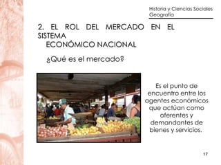 2. EL ROL DEL MERCADO EN EL SISTEMA  ECONÓMICO NACIONAL ¿Qué es el mercado? Es el punto de encuentro entre los agentes económicos que actúan como oferentes y demandantes de bienes y servicios.   