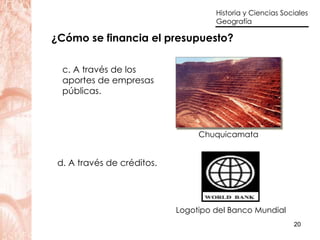 c. A través de los aportes de empresas públicas.  d. A través de créditos.  ¿Cómo se financia el presupuesto? Logotipo del Banco Mundial Chuquicamata 