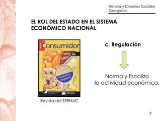 c. Regulación Norma y fiscaliza la actividad económica. EL ROL DEL ESTADO EN EL SISTEMA  ECONÓMICO NACIONAL Revista del SERNAC 