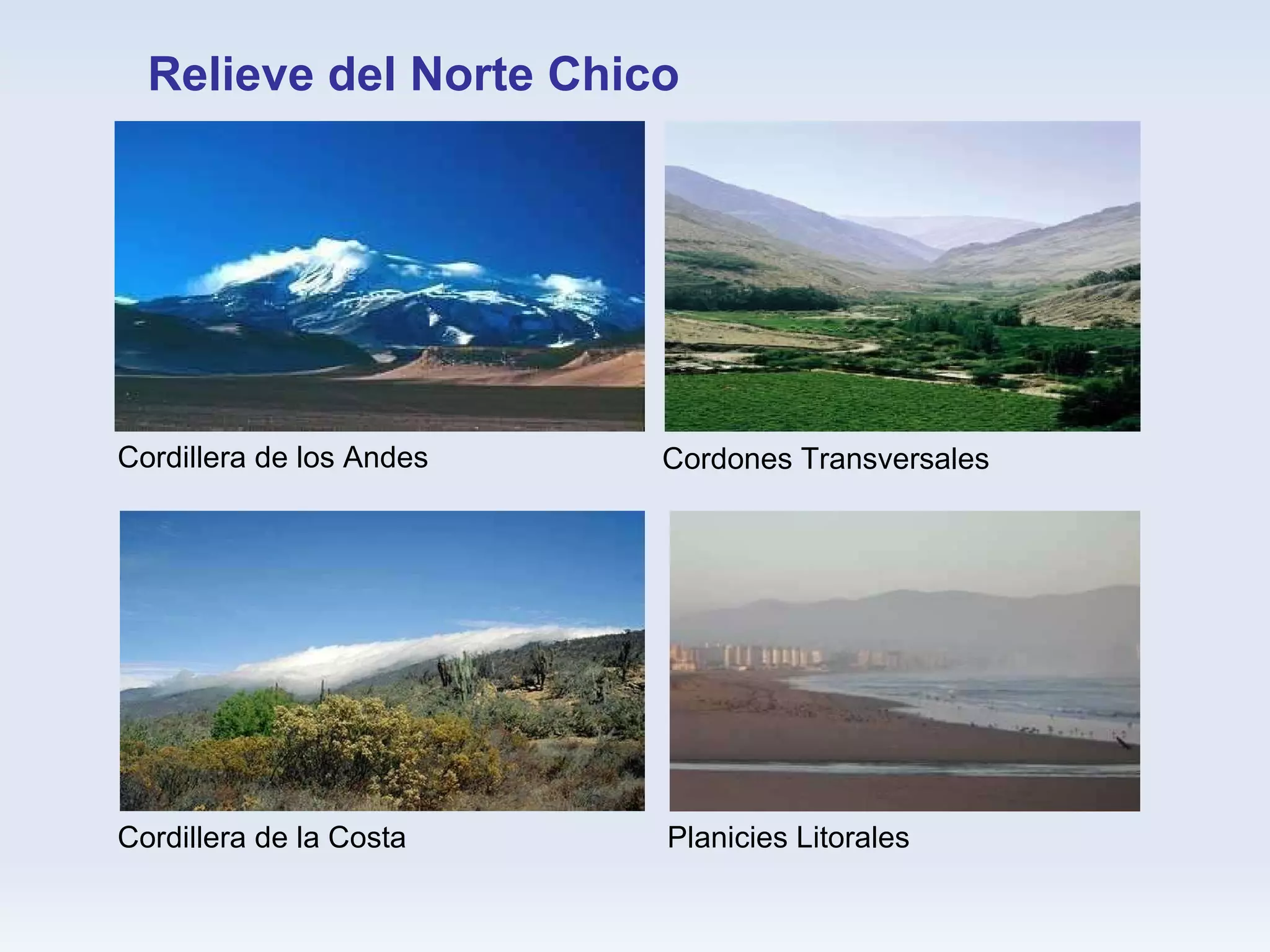 Relieve del Norte Chico Cordillera de la Costa Cordones Transversales Cordillera de los Andes Planicies Litorales 